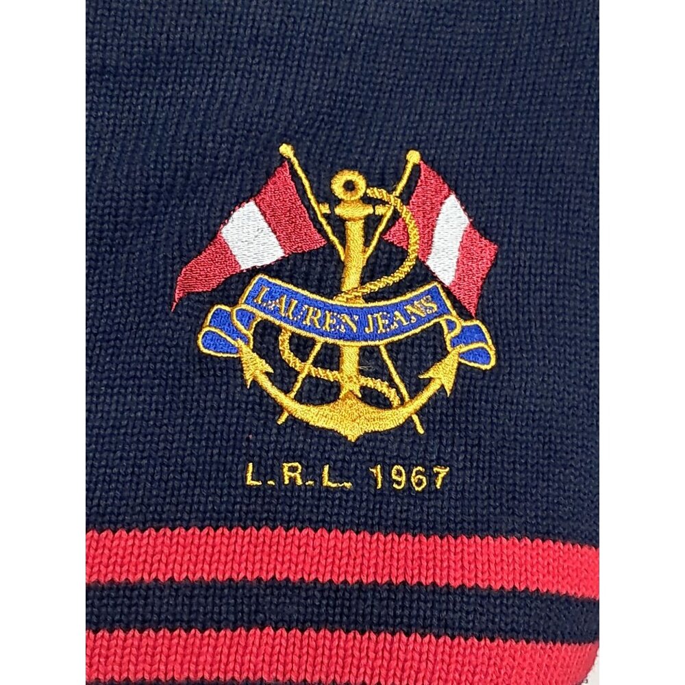 Ralph Lauren Nautical Sweater Womens Size M Embroidered Flag Crest Red & Blue St - Picture 1 of 10